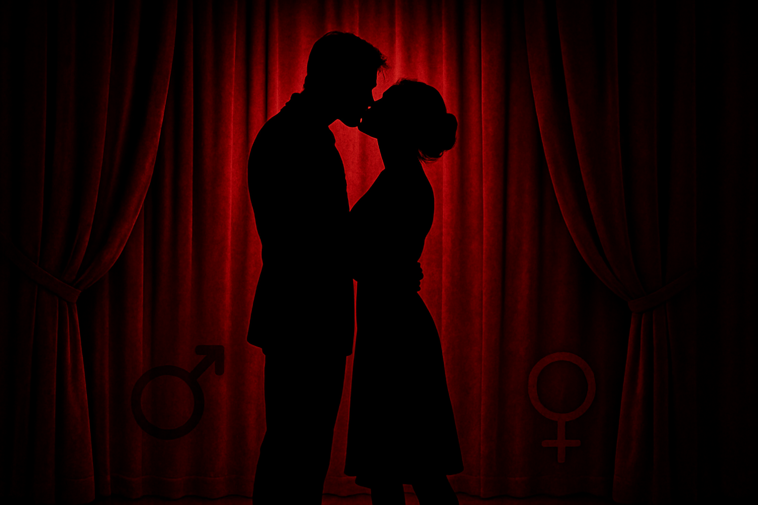a picture of a man and women in full silouette head to toe kissing each other with a masculinity and feminity sign on the corner . all these on a red courtain backround miming a theatre scene making the store look atractive and making people want to look deeper in the website out of couriosity